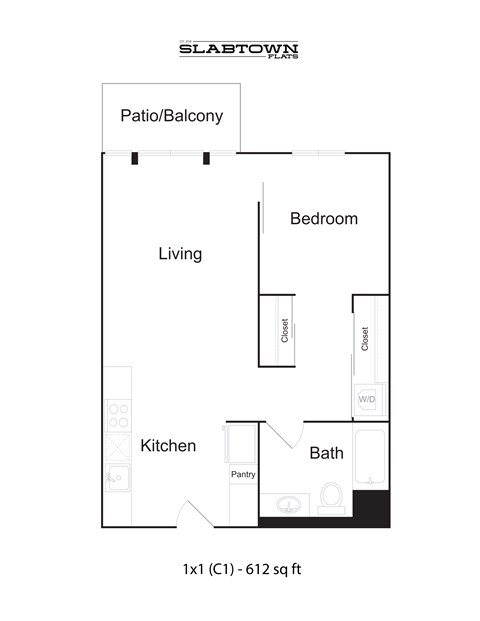 A floor plan for a Slabtown apartment with a living room, kitchen, bathroom and bedroom.